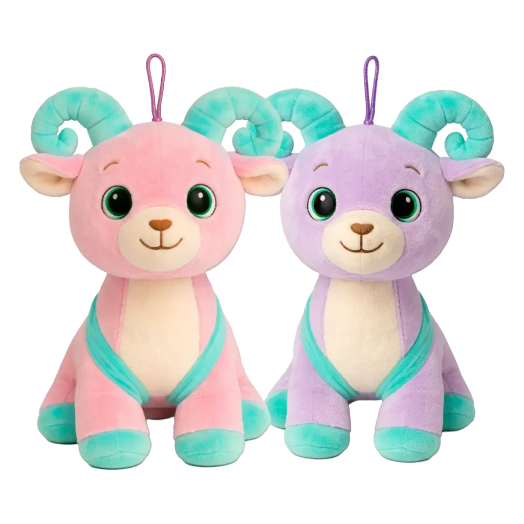 Pink and purple plush goat with turquoise horns and backpack, sitting next to each other.