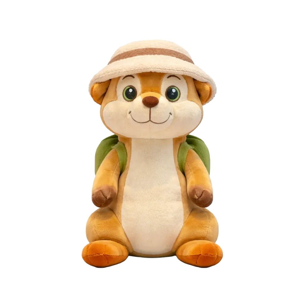 Plush meerkat wearing a beige safari hat and a green backpack, sitting against a white background.