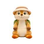 Plush meerkat wearing a beige safari hat and a green backpack, sitting against a white background.