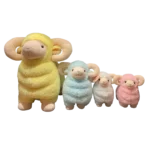 Four plush sheep in yellow, blue, white and pink, increasing in size, standing next to each other against a white background.