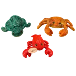 Three assorted sea creature plush toys displayed on a wooden table. The collection includes a green sea turtle, a bright red lobster, and an orange crab, all featuring glitter-patterned fabric, large shiny eyes, and soft plush construction.