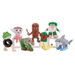 Collection of assorted character plush toys including frog with tire, ballerina teacup, wooden log mascot, elephant, banana monkey, green troll and shark with sneakers.