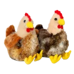 Two plush chicken toys in assorted brown colors sitting side by side on a white background