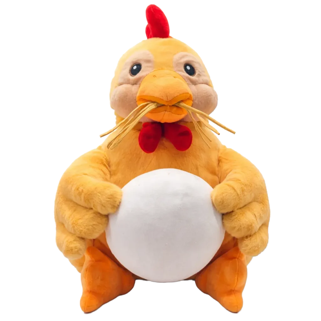 Yellow plush chicken holding a white egg with straw in its beak, front view on white background