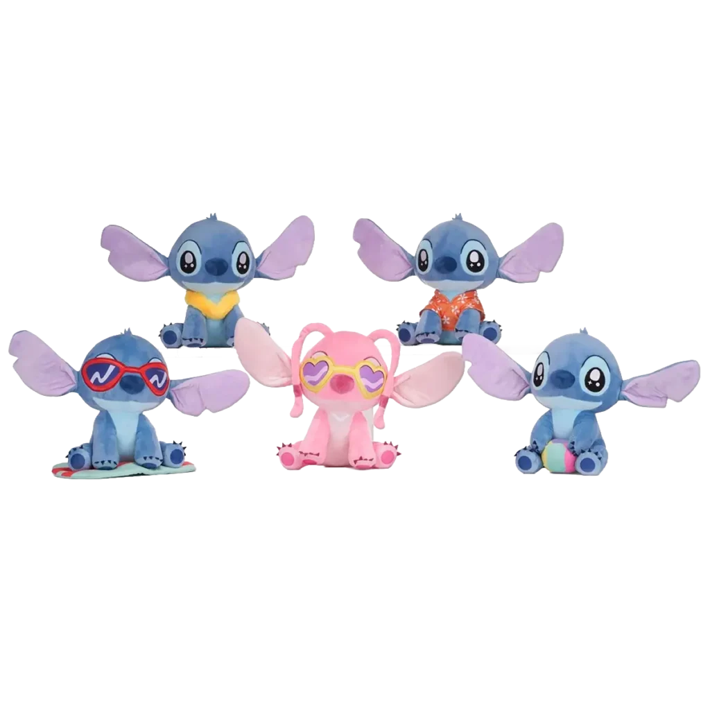 Disney Stitch plush assortment 5 designs 25–30 cm including Stitch with sunglasses, Hawaiian shirt, flower collar, beach ball and Angel with heart glasses.