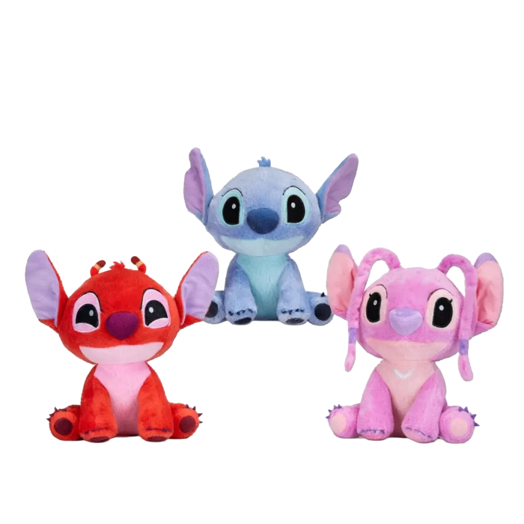 Three Disney Stitch plush toys in red, blue, and pink variants, sitting upright with large ears and big eyes, displayed on a white background.