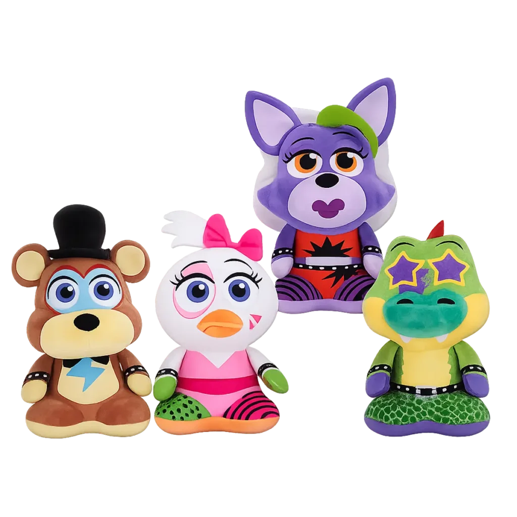 Four Five Nights at Freddy’s plush characters – Freddy Fazbear, Glamrock Chica, Roxanne Wolf and Montgomery Gator – displayed together as an assorted plush collection.