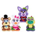 Four Five Nights at Freddy’s plush characters – Freddy Fazbear, Glamrock Chica, Roxanne Wolf and Montgomery Gator – displayed together as an assorted plush collection.