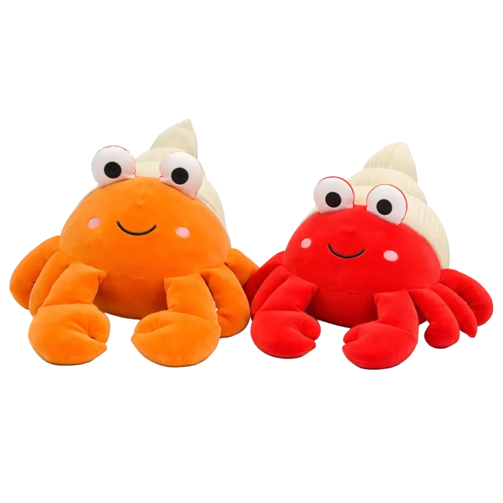 Two plush hermit crab toys in orange and red sitting side by side in equal size on a white background