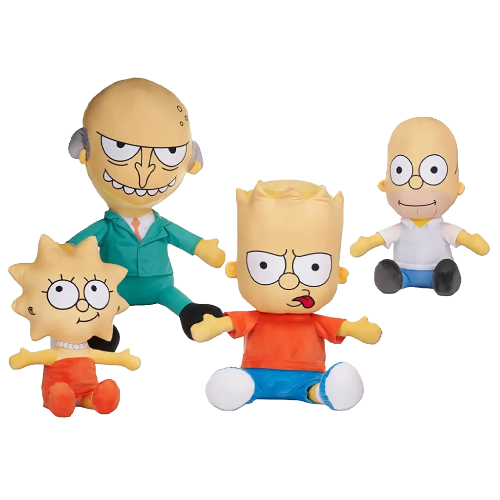 The Simpsons plush toys including Mr Burns, Bart, Homer and Lisa displayed together