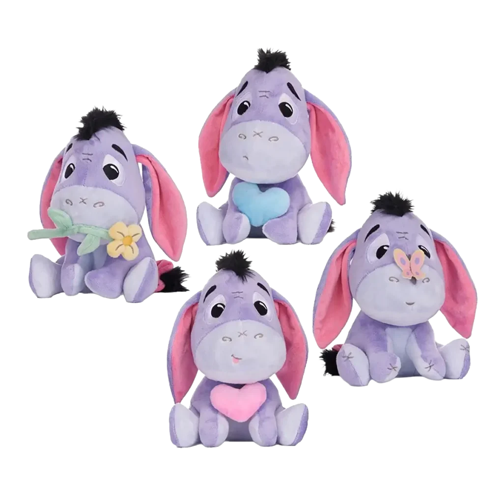 Purple donkey plush collection featuring four variations with flower, butterfly and heart accessories.