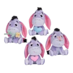 Purple donkey plush collection featuring four variations with flower, butterfly and heart accessories.