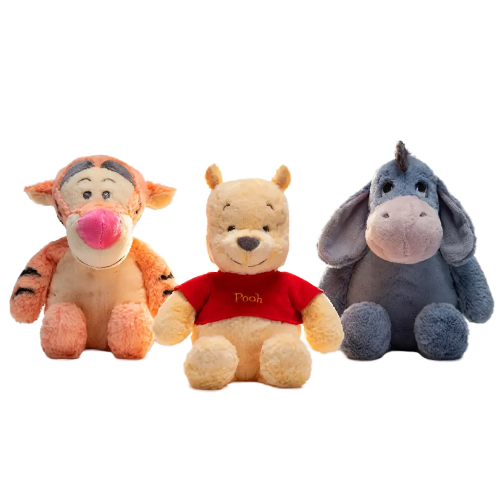Three assorted Disney plush toys sitting side by side: Tigger with a pink nose, Winnie the Pooh in a red shirt, and Eeyore in soft blue-grey, each measuring 41 cm.