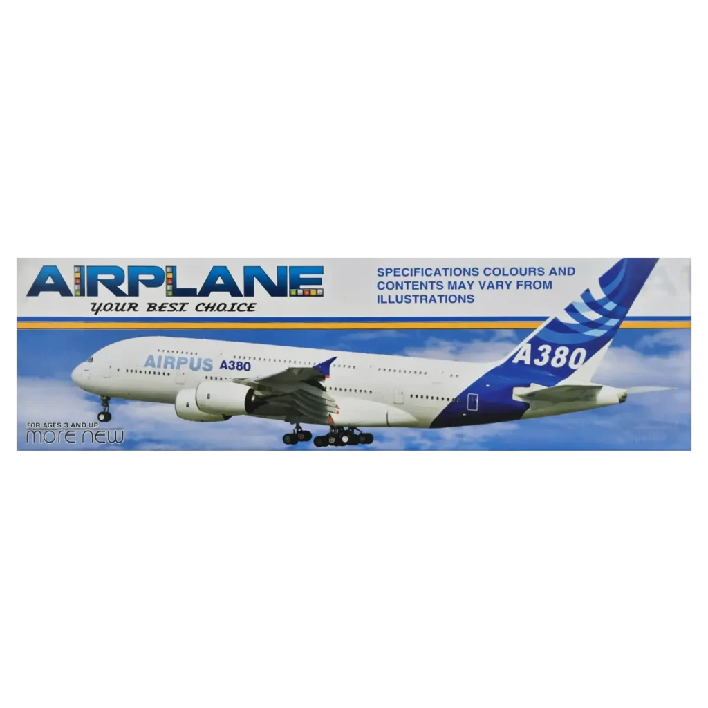 Toy airplane set packaging featuring a large A380 passenger plane design with blue and white colors