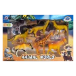 Animal world toy set with assorted plastic animals including giraffe, zebra, wolves, and deer in retail packaging