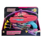 Toy shooting set with bow, dart gun, suction darts, and target board in colorful packaging