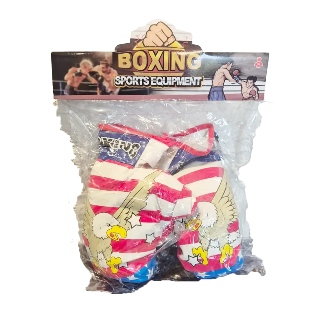 Kids boxing glove set with American flag design in retail packaging