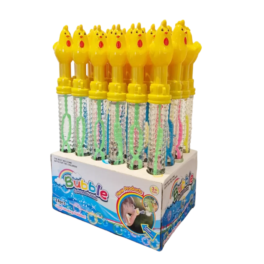 Bubble toy tubes with yellow chicken toppers in display box assortment