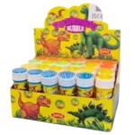 Prehistoric bubble toy display box with dinosaur-themed packaging and assorted bubble tubes