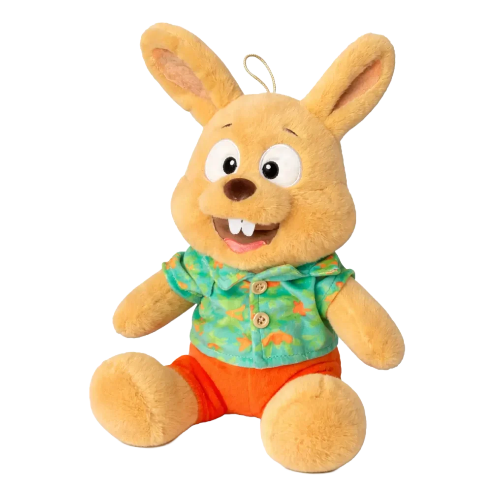 Rabbit plush toy wearing a green tropical shirt and orange shorts, sitting, 25 cm