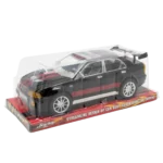 Black racing toy car with red stripes in transparent retail packaging