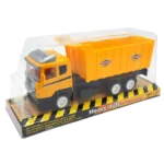 Yellow toy dump truck in heavy-duty style packaging