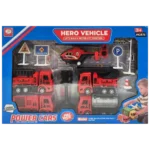 Hero Vehicle Power Cars toy set with construction trucks, helicopter, and road signs in retail box