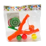 Toy slingshot set with orange plastic slingshot, three colorful balls, and small target game in clear retail bag packaging.