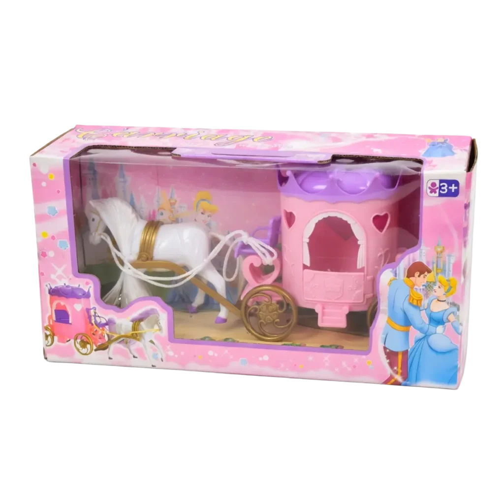 Princess carriage playset with white horse and pink carriage inside display box