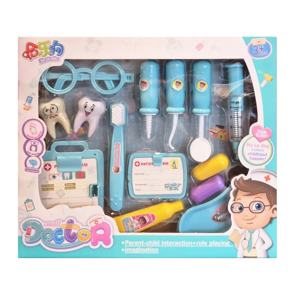 Kids doctor playset with medical tools including toothbrush, syringe, glasses, and teeth models in retail box