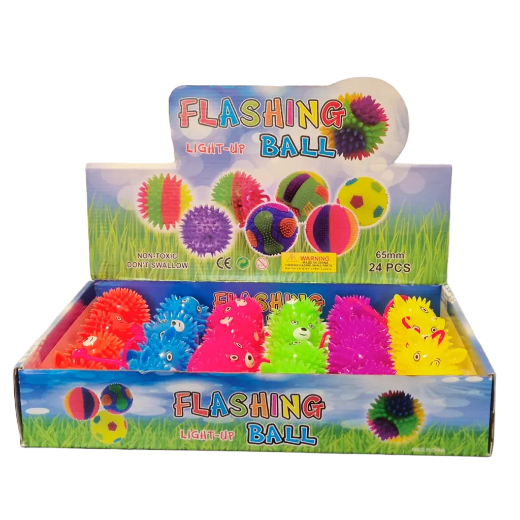 Flashing light-up spiky balls in assorted colors shown on retail packaging