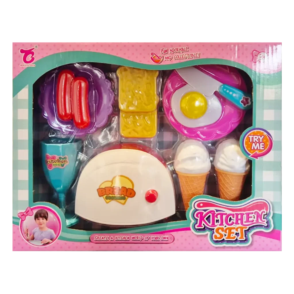 Kitchen toy set with toaster, fried egg, sausages, ice cream, and accessories in retail box