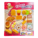 Happy Cooking play food set with pizza, fries, bread, donuts, and assorted snacks in retail packaging