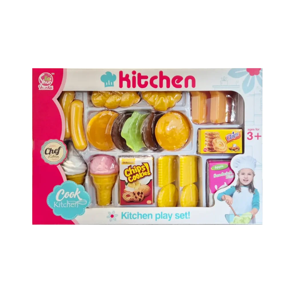 Kitchen playset with burgers, fries, ice cream, and snack items in retail box