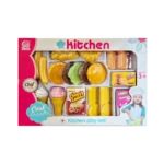 Kitchen playset with burgers, fries, ice cream, and snack items in retail box