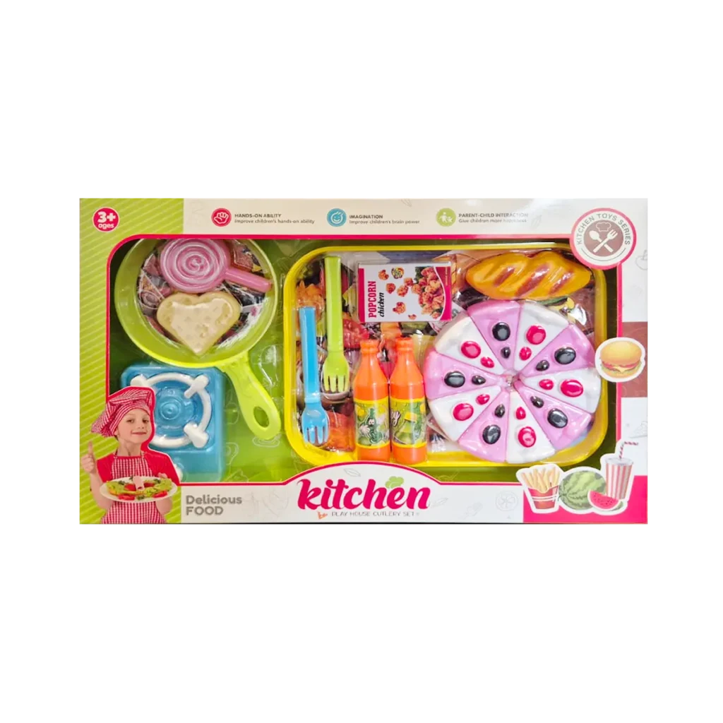 Kids kitchen playset with cake slices, utensils, drinks, and toy food in retail box