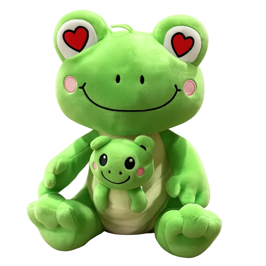 Green frog plush with heart-shaped eyes holding a smaller baby frog plush on a clean white background