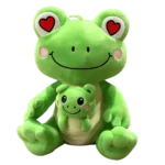 Green frog plush with heart-shaped eyes holding a smaller baby frog plush on a clean white background