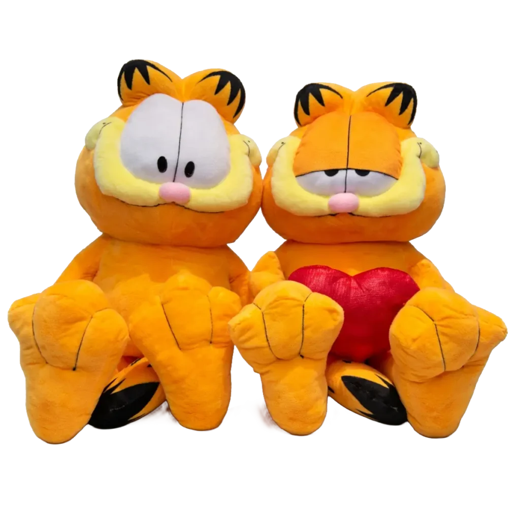 Set of two Garfield plush toys in orange, one with a cheerful expression and one holding a red heart with a relaxed look