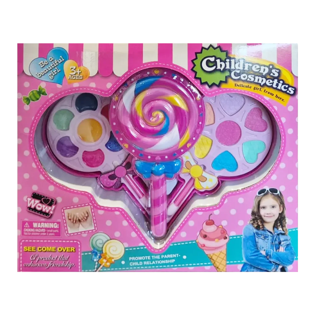 Children’s cosmetics toy set with colorful makeup palettes and lollipop-shaped accessories in retail packaging