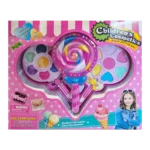 Children’s cosmetics toy set with colorful makeup palettes and lollipop-shaped accessories in retail packaging