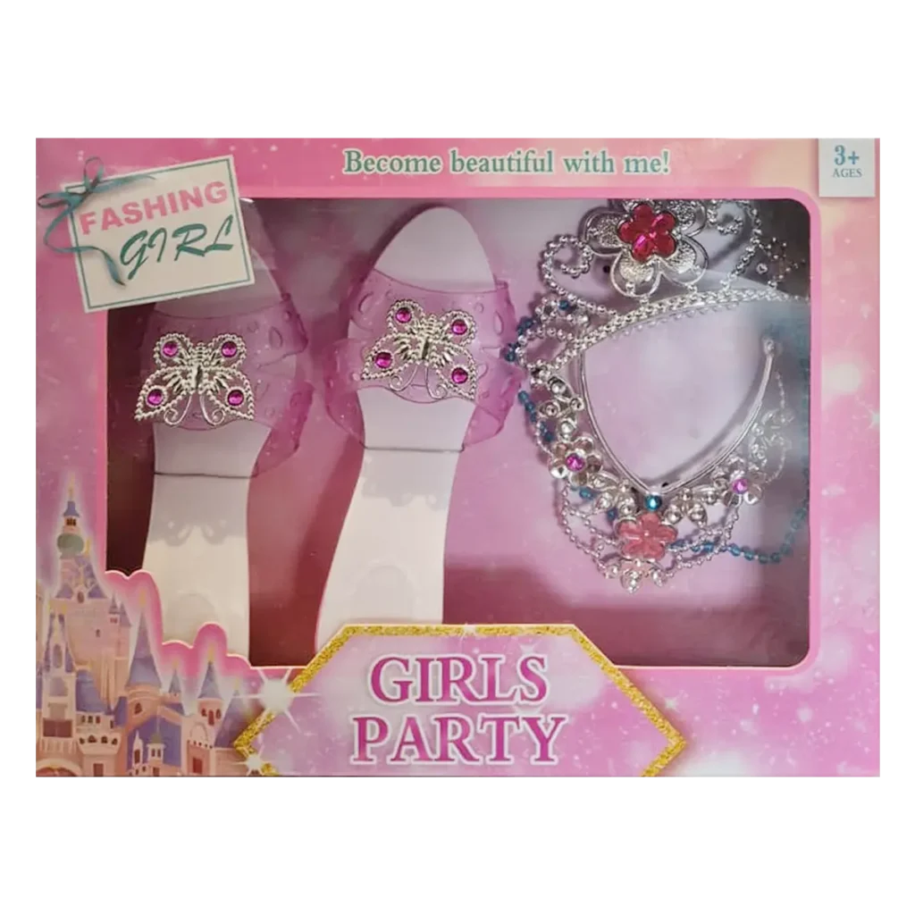 Party Children’s dress-up jewelry set with tiara, necklace, and pink play shoes in gift packaging