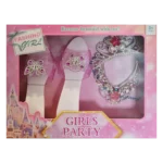 Party Children’s dress-up jewelry set with tiara, necklace, and pink play shoes in gift packaging