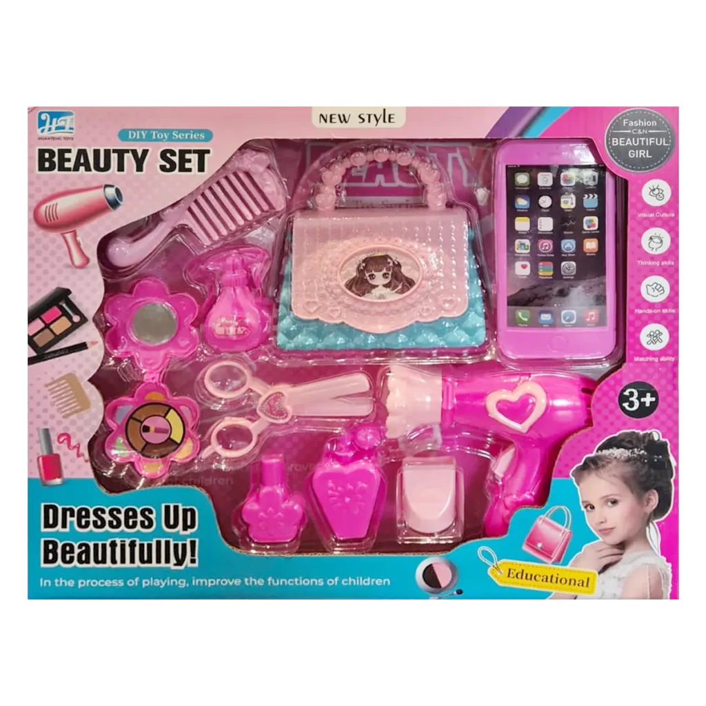 Children’s beauty play set with toy hairdryer, comb, makeup accessories, handbag, and toy phone in pink packaging