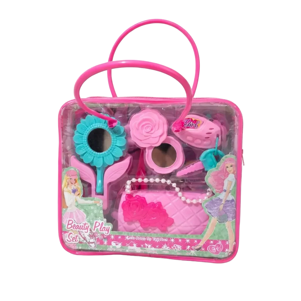 Children’s beauty play set in pink carry bag with mirror, hair accessories, and toy styling tools
