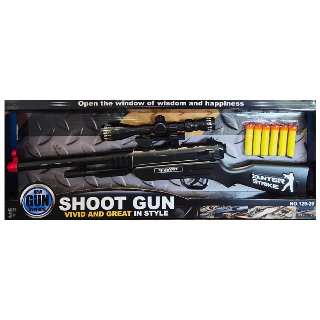 Toy foam dart rifle set with scope and soft bullets in retail packaging