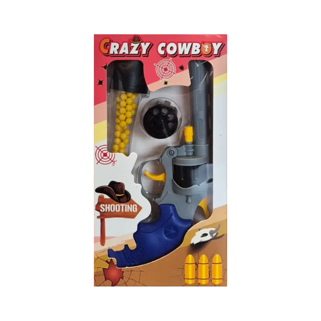Toy cowboy revolver set with plastic bullets and bead ammunition in retail packaging