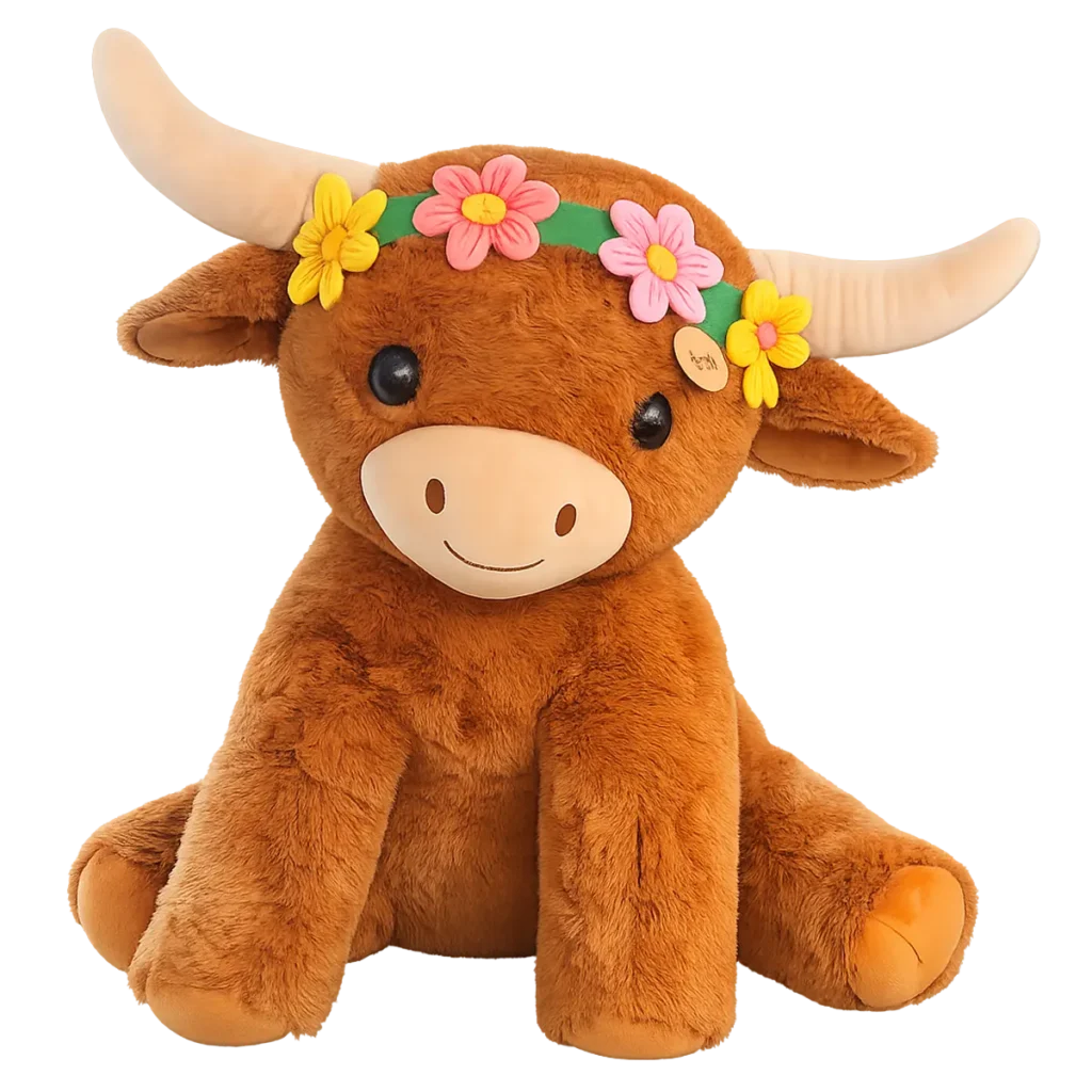 Large highlander cow plush with soft brown fur, long horns and colorful flower headband