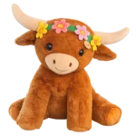 Large highlander cow plush with soft brown fur, long horns and colorful flower headband