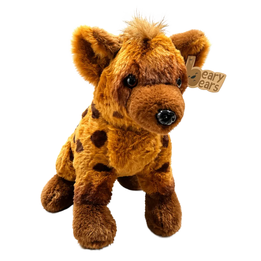 Spotted hyena plush toy with soft brown fur, dark spots and fluffy ears on a clean white background